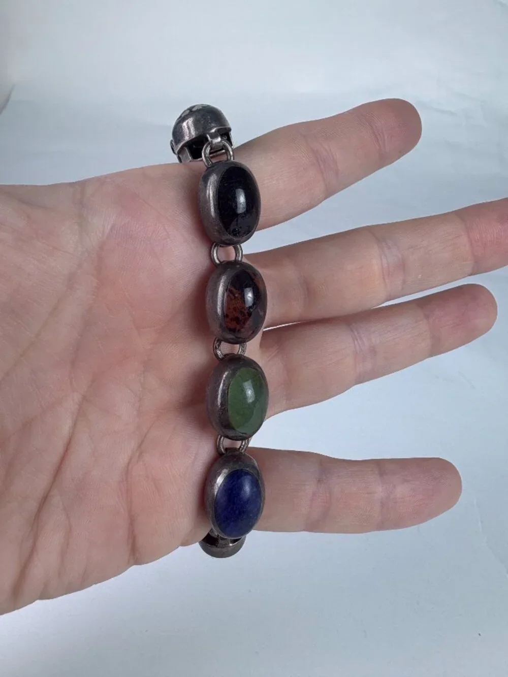 Vintage Taxco Mexico 925 Sterling Silver Multi-Stone Link Bracelet | Lapis